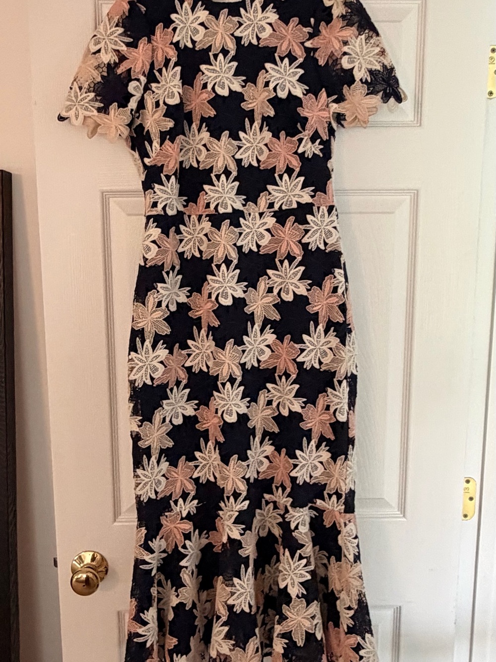 Shoshanna Navy Midi Dress with Pink and Cream Floral Lace - Picture 2 of 4